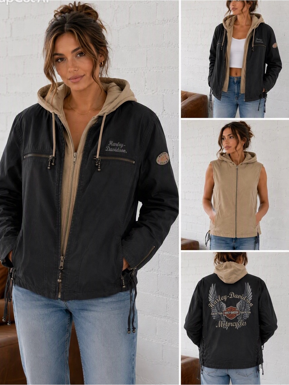 Harley Davidson 3-in-1 Hooded Riding Jacket Womens XL Black Canvas Vest Graphic